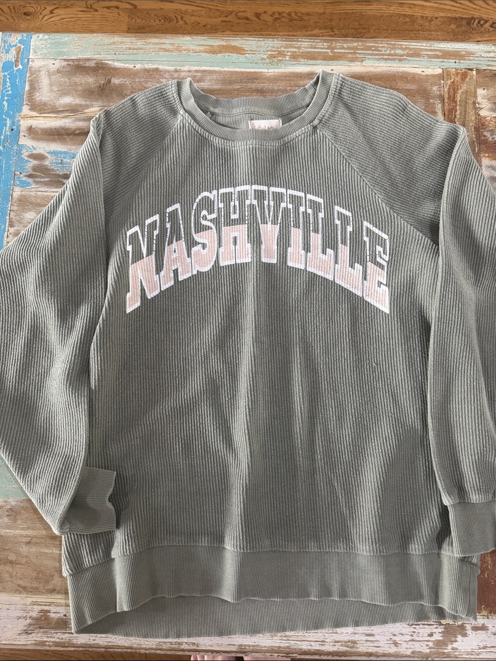 Altar’d State Nashville Pullover Sweatshirt in Olive Green with Pink Lettering